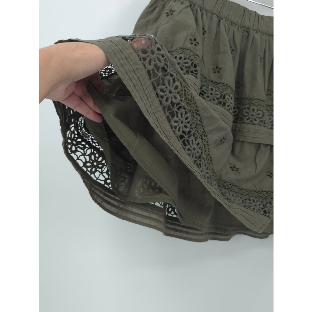 Lucky Brand Tiered Eyelet Skirt Goblincore Green Floral Schiffli Embroidery Boho - Picture 5 of 12